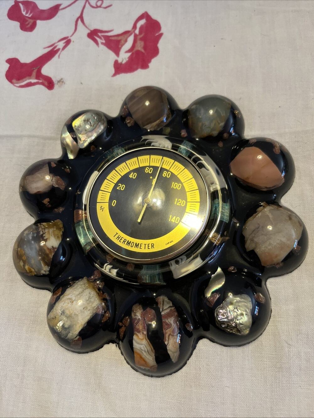 Mid Century Lucite Resin Shell and Stones Thermometer Wall Hanging